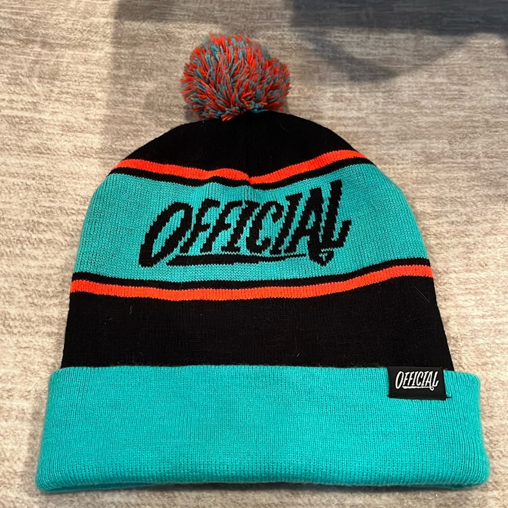 OFFICIAL turquoise orange black ski and cold weather beanie hat with Pom Pom